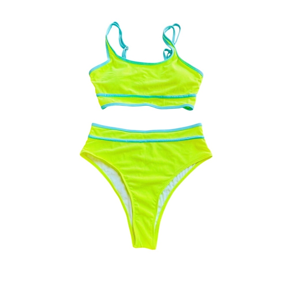Neon‎ Bikini Set Teal Trim High Waist Tank Top Yellow Ribbed Sz M